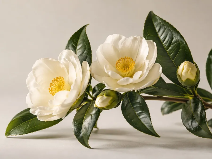 Two white camellias on a pale grey studio backdrop, before the background is removed